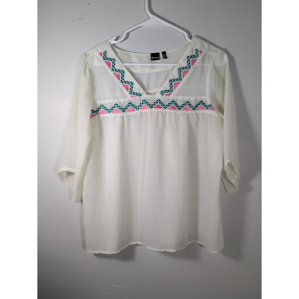 Cruel Womens Embroidered Ivory Sheer Blouse Medium